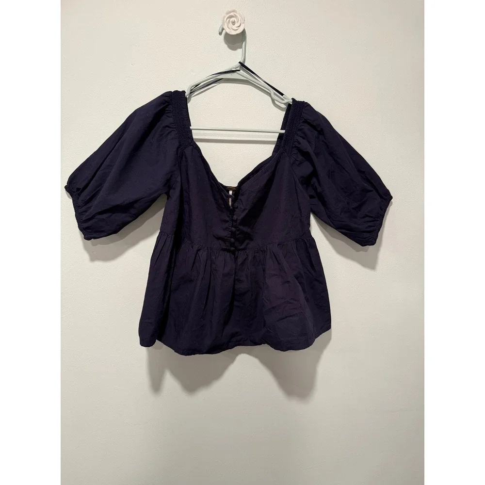 Free People Navy Blue Cotton Puff Sleeve Boho Babydoll Cropped Blouse Medium